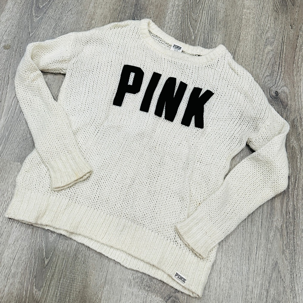 Victoria's Secret Sweater Women Small PINK Ivory Chunky Knit Wool Mohair Sweater